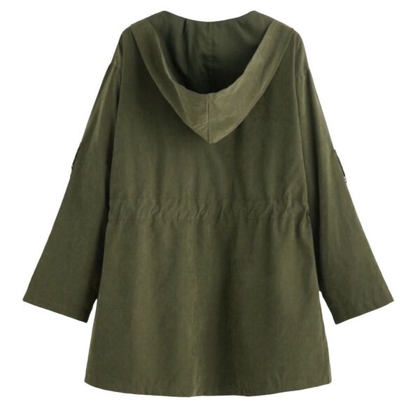 Khaki Green Envelope Front Drawstring Waist Pockets Lightweight Hooded Jacket - Picture 4 of 4